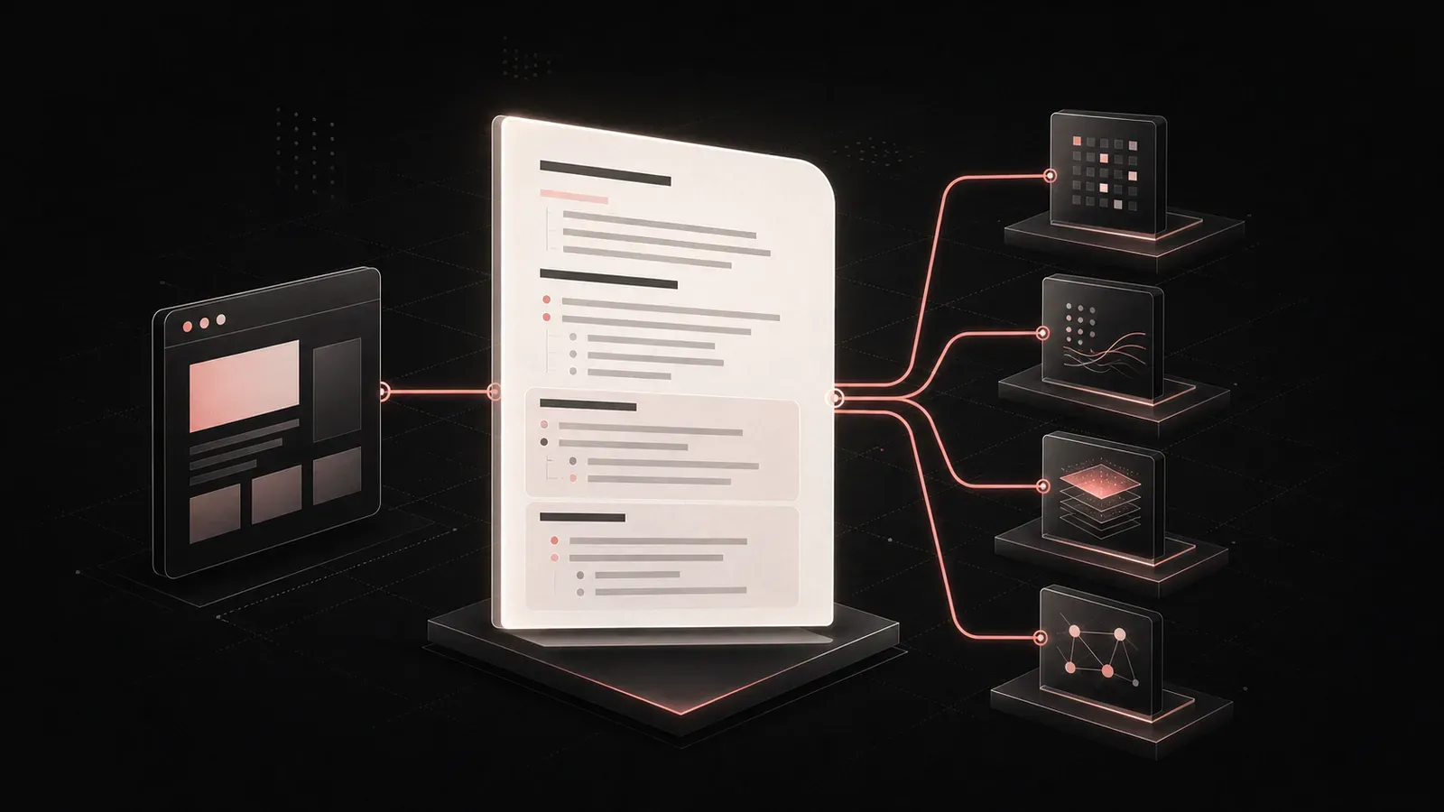 Ilustración de un documento Markdown que conecta un sitio web con distintas herramientas digitales