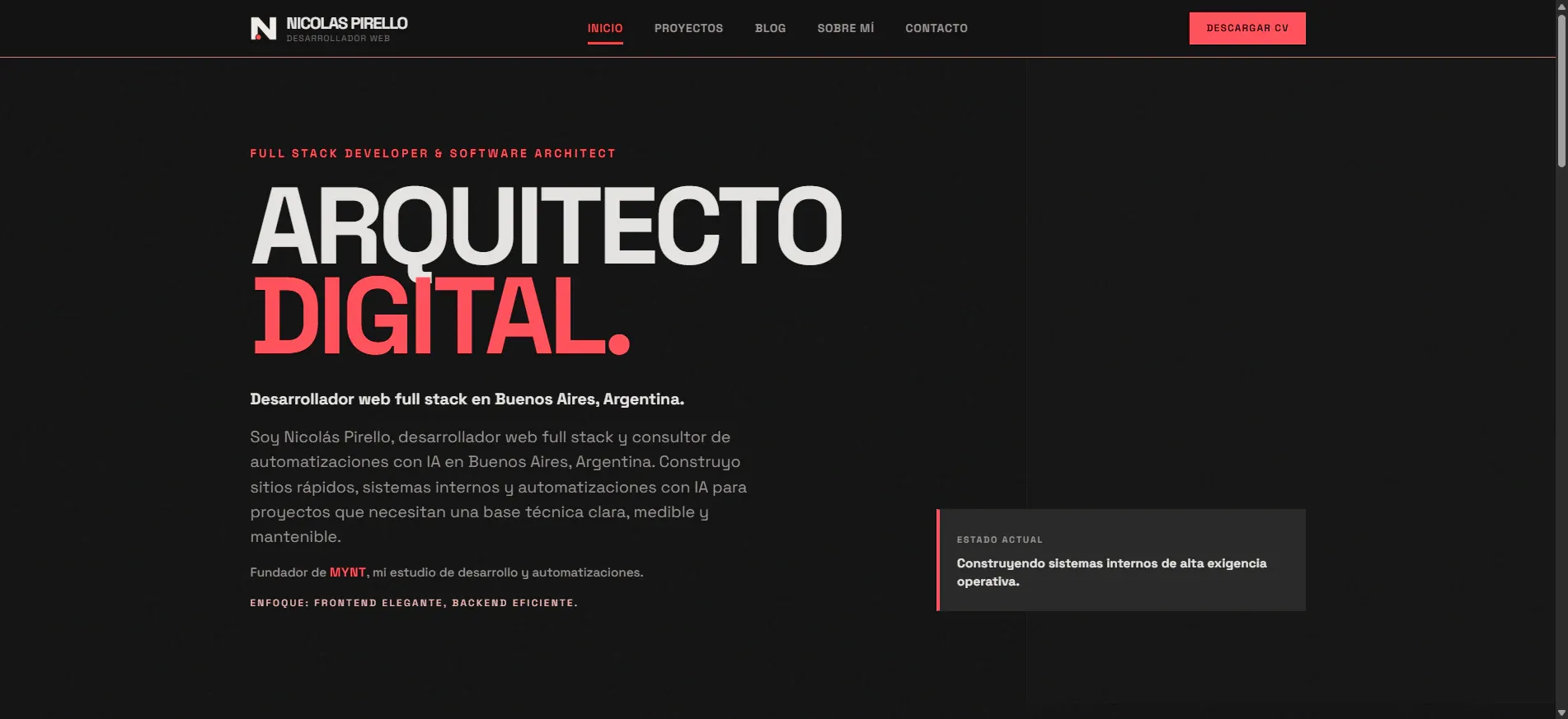 Página de inicio del portafolio de Nicolás Pirello