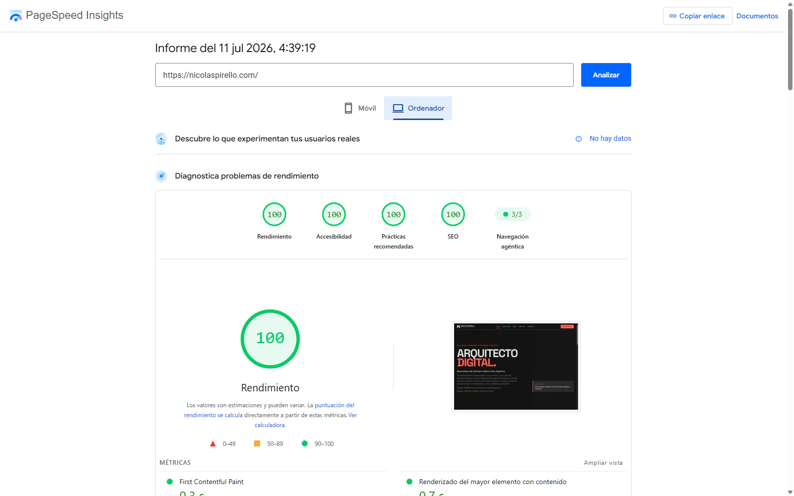 PageSpeed Insights del portafolio en escritorio: puntuaciones 100 en rendimiento, accesibilidad, prácticas recomendadas y SEO, medido el 11 de julio de 2026