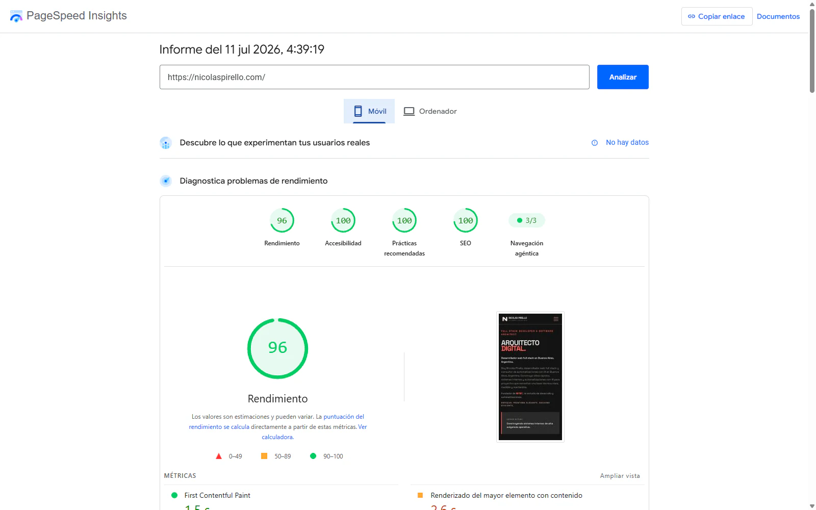 PageSpeed Insights del portafolio en móvil: rendimiento 96 y puntuaciones 100 en accesibilidad, prácticas recomendadas y SEO, medido el 11 de julio de 2026